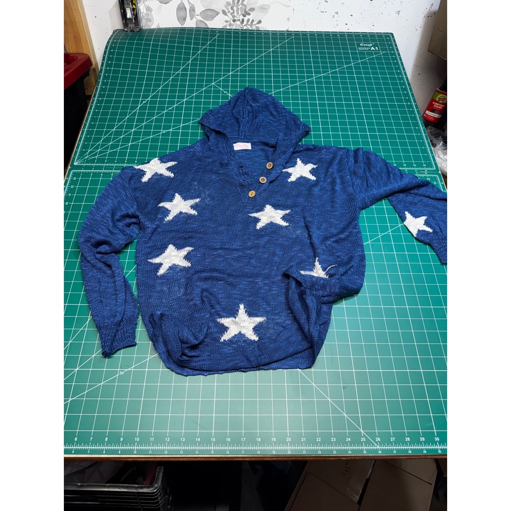 Pink Lily Blue Star Print Hooded Henley Sweater Womens Small Long Sleeve Knit